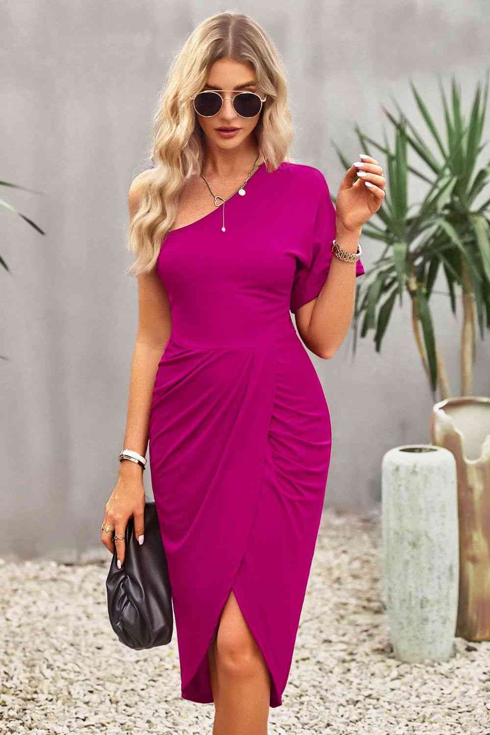 Ruched One-Shoulder Tulip Hem Dress - Ladyez