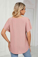Eyelet Tie-Neck Flutter Sleeve Top - Ladyez