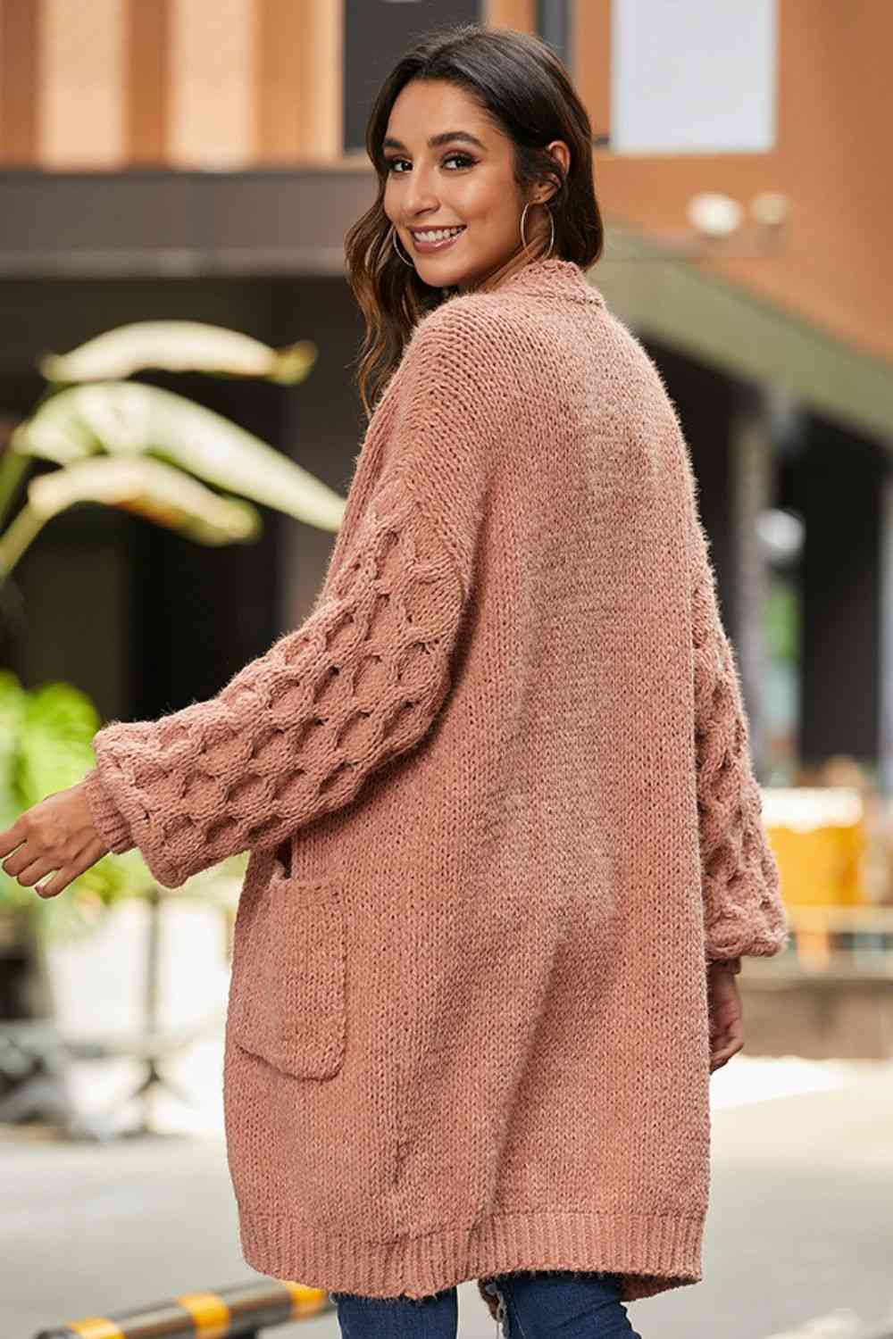 Open Front Ribbed Trim Duster Cardigan - Ladyez