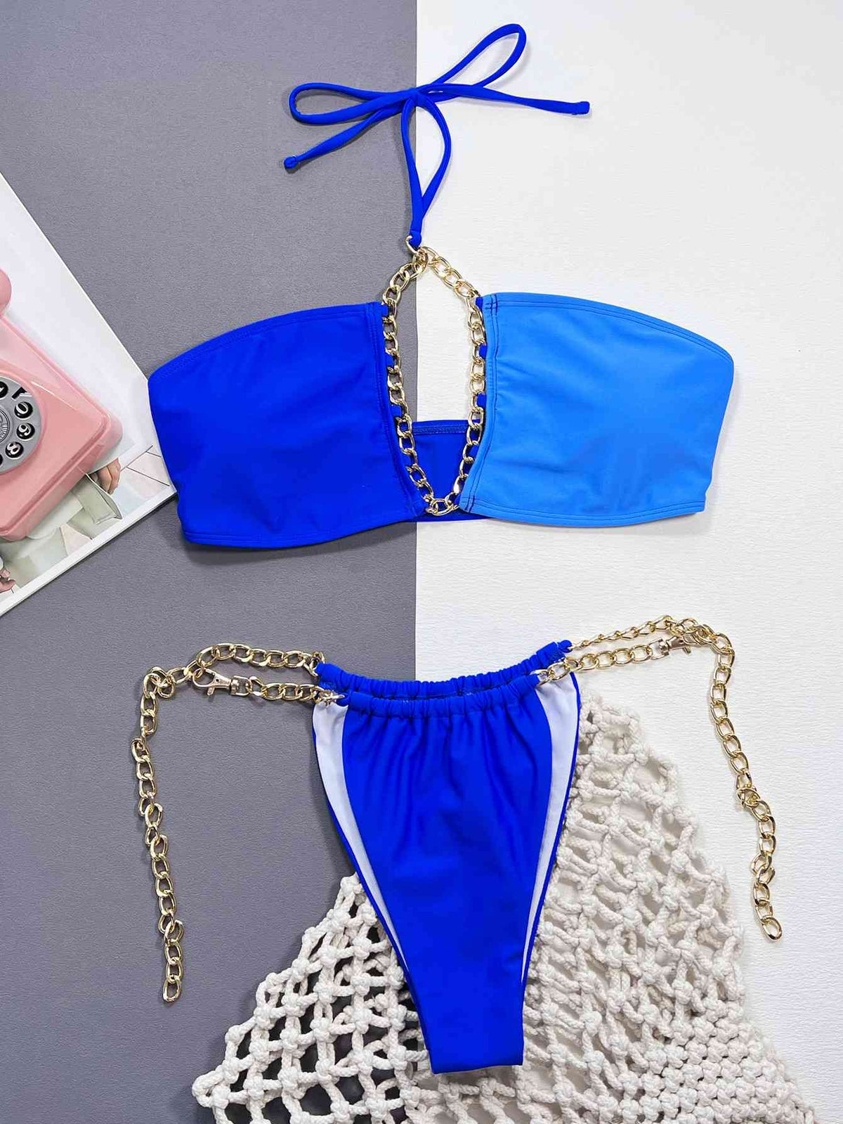 Chain Detail Halter Neck Bikini Set - Ladyez