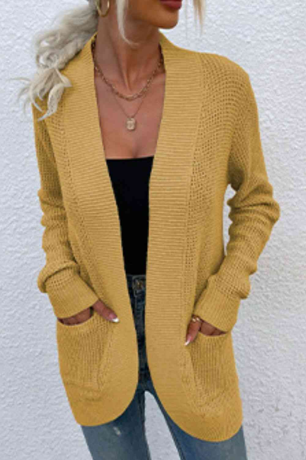 Open Front Rib-Knit Cardigan with Pockets - Ladyez