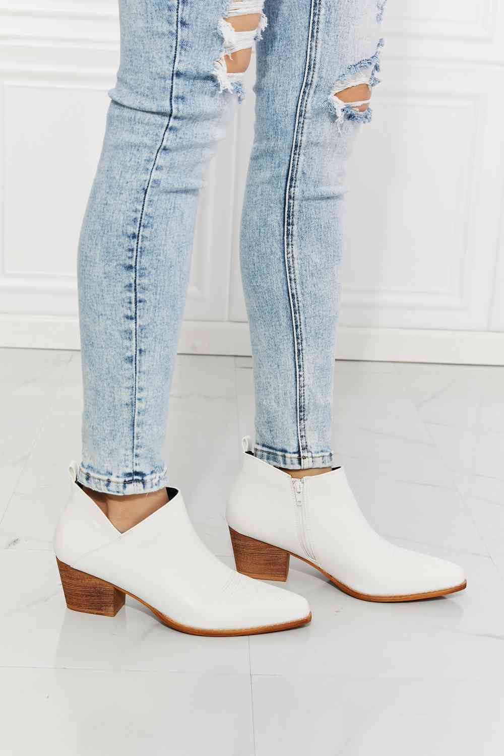 MMShoes Trust Yourself Embroidered Crossover Cowboy Bootie in White - Ladyez