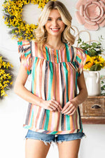 Multicolored Stripe Flutter Sleeve Blouse - Ladyez