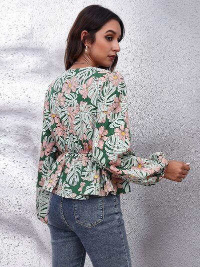 Floral V-Neck Balloon Sleeve Peplum Blouse - Ladyez