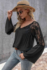 V-Neck Spliced Lace Flare Sleeve Top - Ladyez