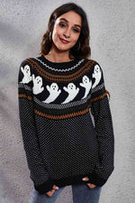 Ghost Pattern Round Neck Long Sleeve Sweater - Ladyez