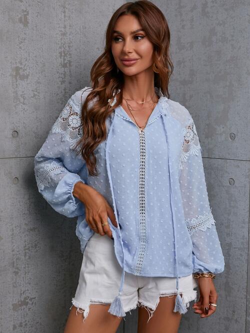 Crochet Tassel Tie Neck Long Sleeve Blouse - Ladyez