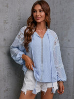 Crochet Tassel Tie Neck Long Sleeve Blouse - Ladyez