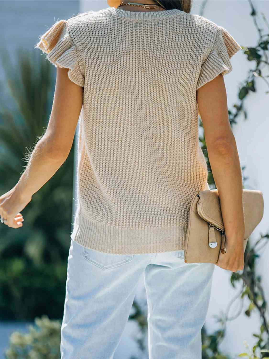 Round Neck Cap Sleeve Sweater - Ladyez