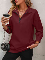 Zip-Up Dropped Shoulder Sweatshirt - Ladyez