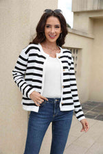 Striped Round Neck Button-Down Dropped Shoulder Cardigan - Ladyez