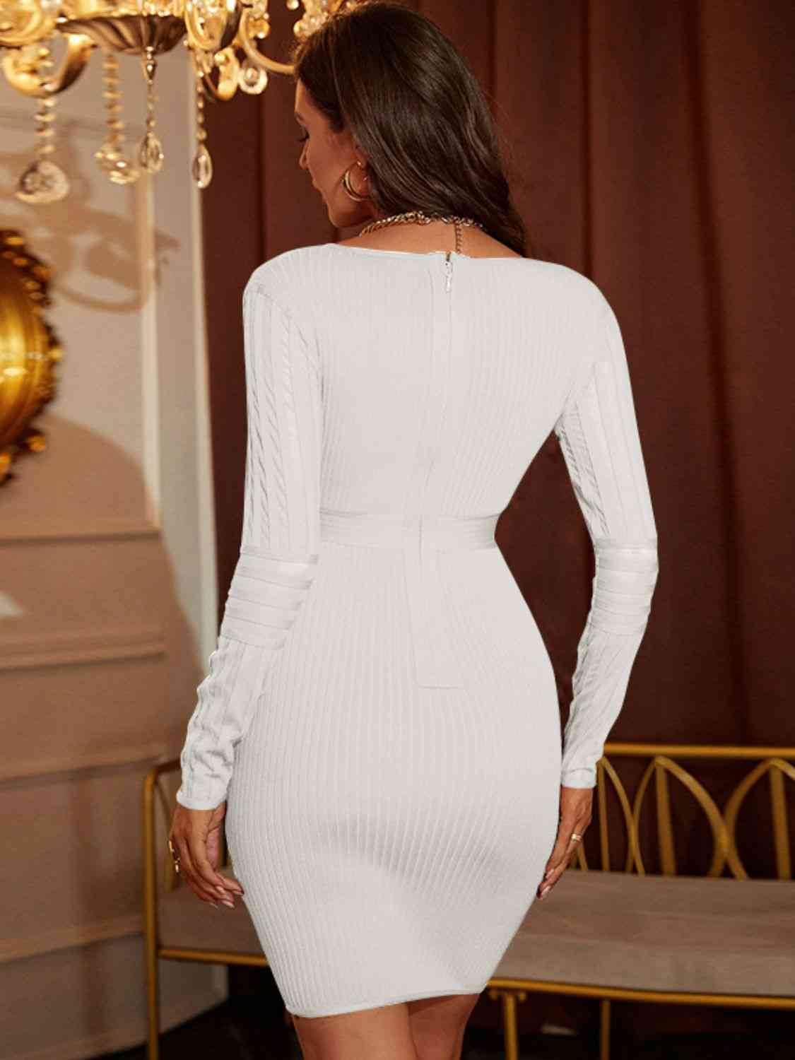 Ribbed Deep V Long Sleeve Mini Bandage Dress - Ladyez