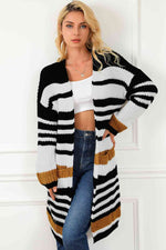 Striped Open Front Cardigan with Pockets - Ladyez