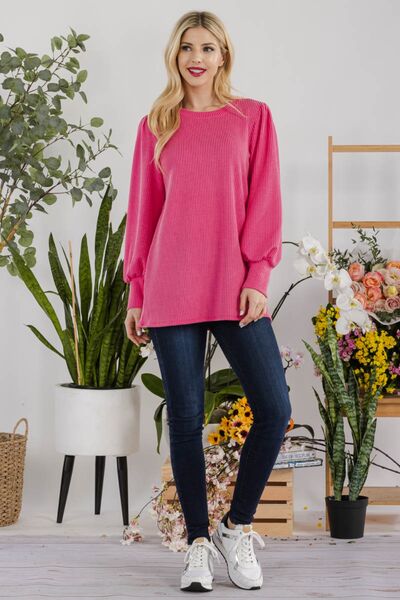 Celeste Full Size Striped Round Neck Lantern Sleeve Top - Ladyez