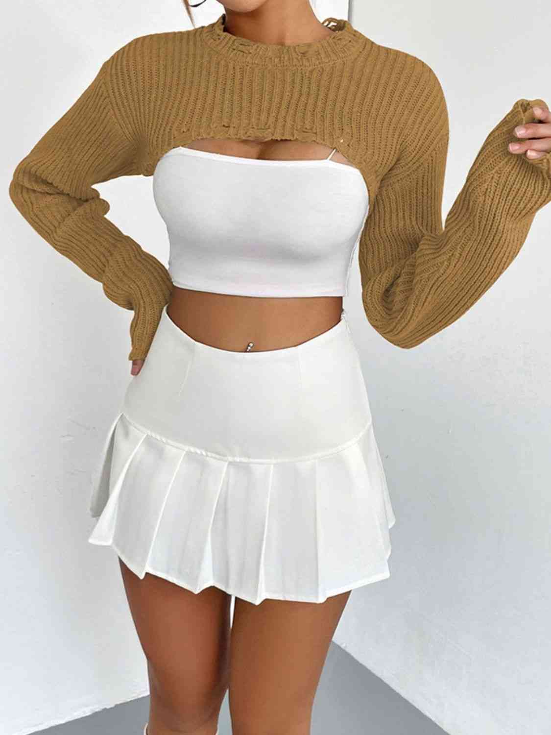 Distressed Long Sleeve Cropped Sweater - Ladyez