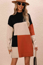 Color Block Mock Neck Dropped Shoulder Sweater Dress - Ladyez