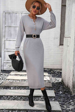 Notched Neck Dropped Shoulder Button-Down Midi Dress - Ladyez