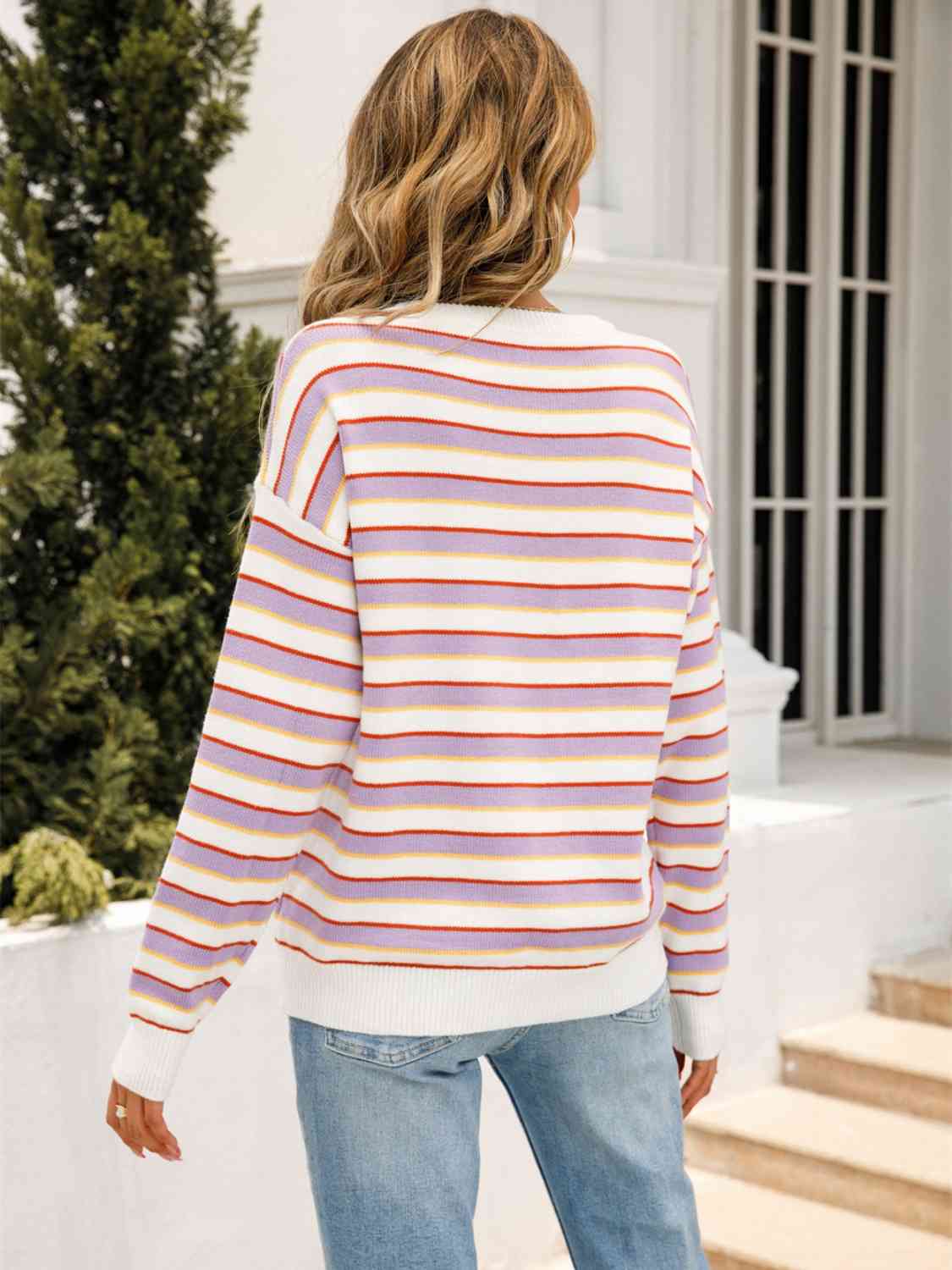 Striped Drop Shoulder Knit Top - Ladyez