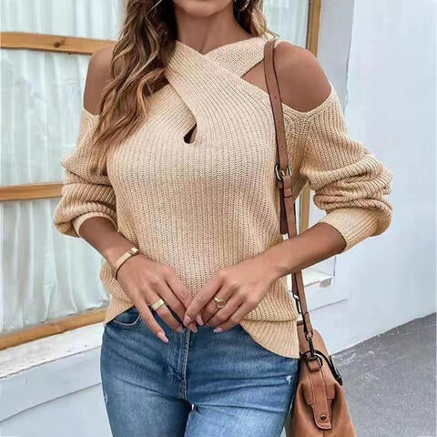 Crisscross Cold-Shoulder Sweater - Ladyez
