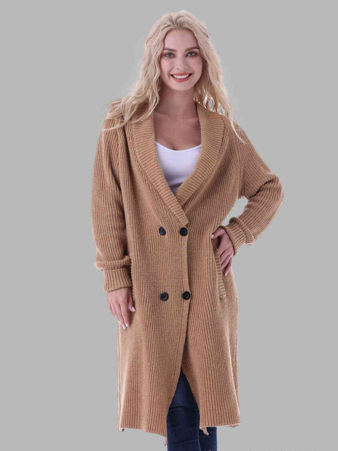 Double-Breasted Longline Cardigan with Pockets - Ladyez