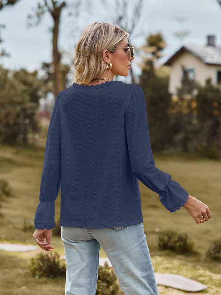V-Neck Flounce Sleeve Blouse - Ladyez