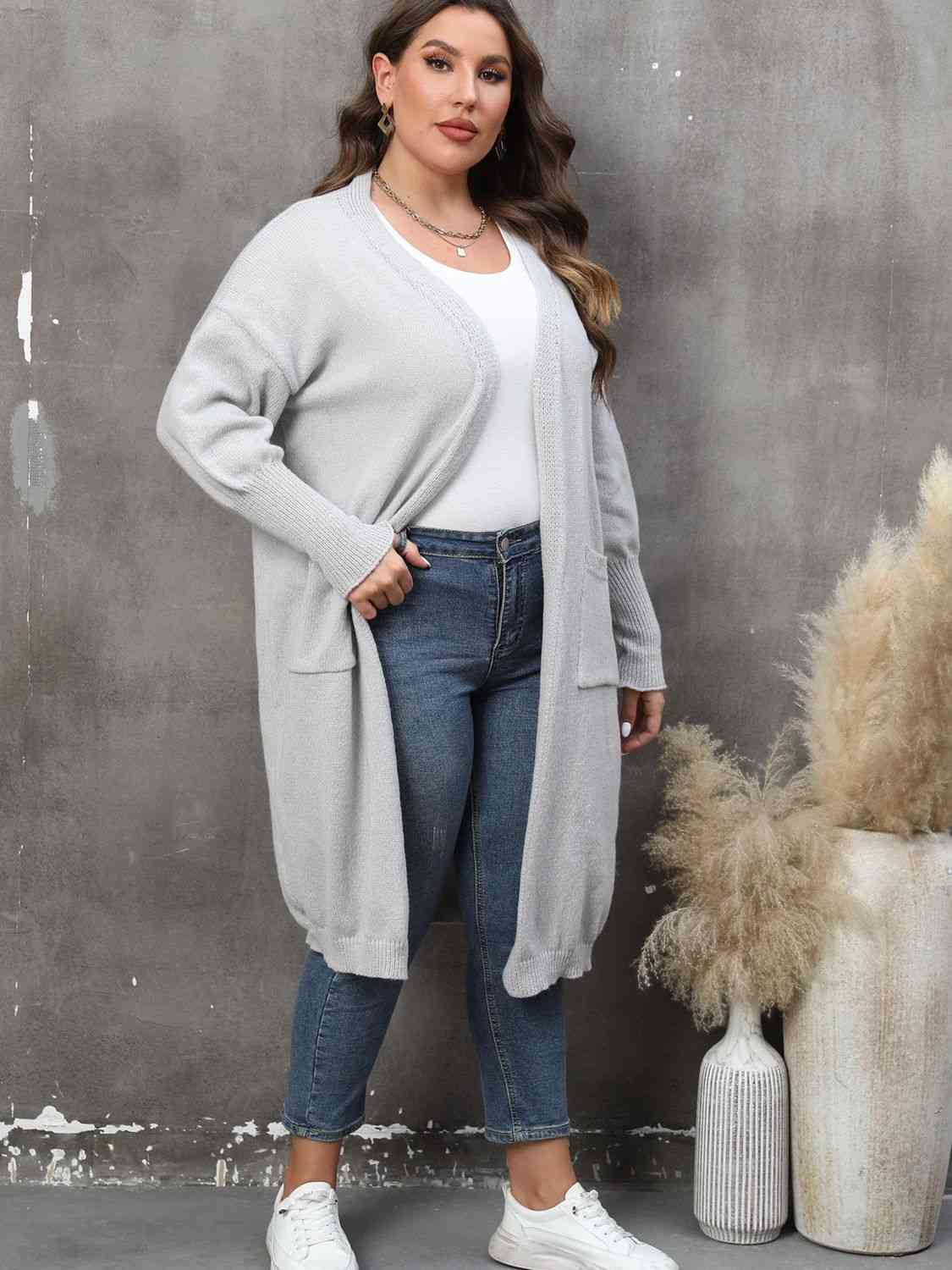 Plus Size Long Sleeve Pocketed Cardigan - Ladyez