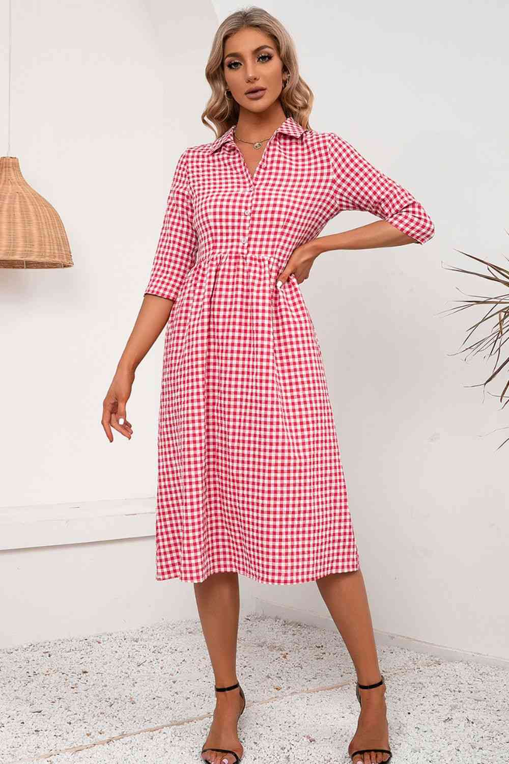 Plaid Collared Neck Midi Dress - Ladyez