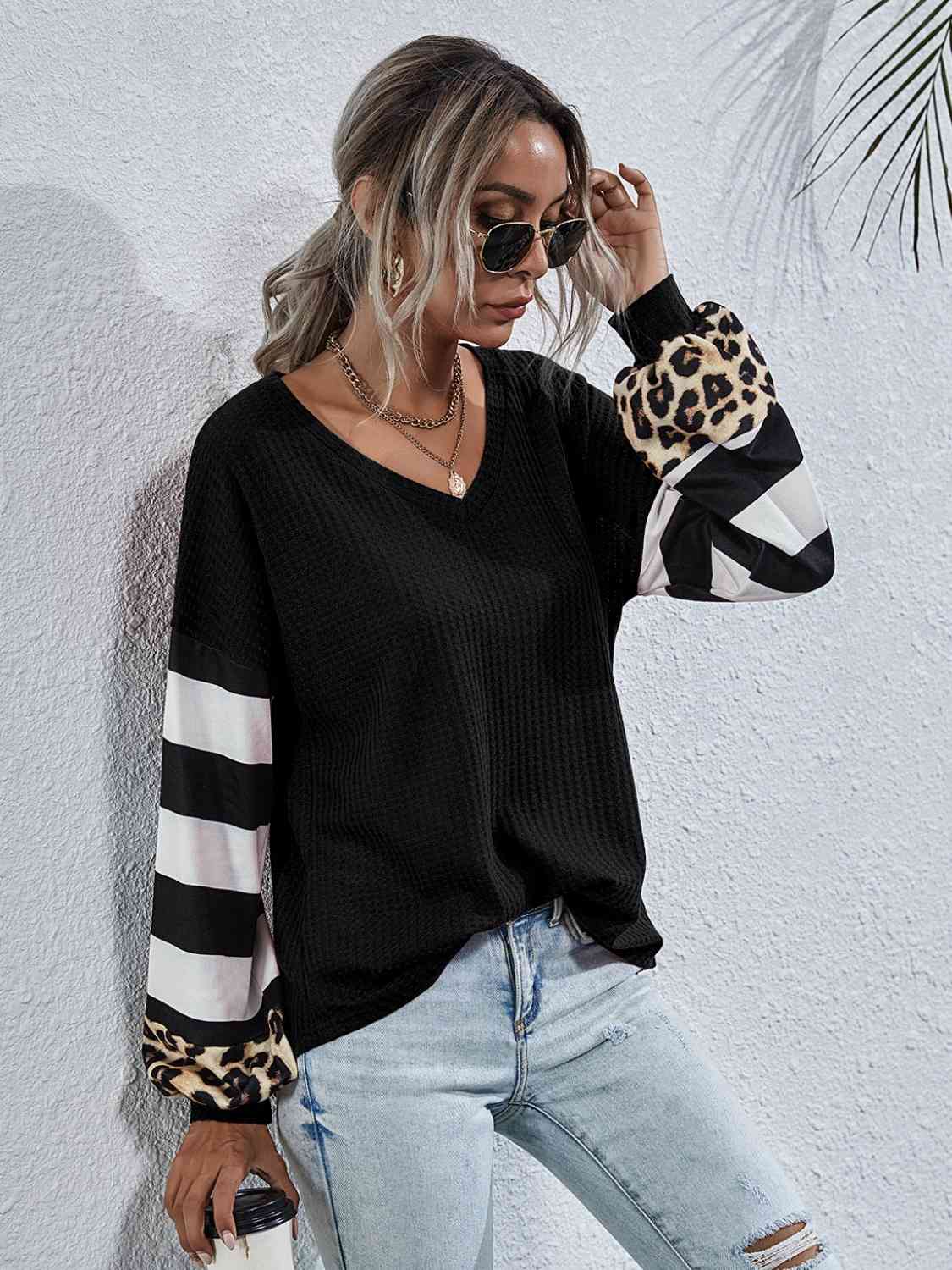 Leopard Striped Waffle-Knit Top - Ladyez