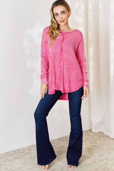 Zenana Oversized Washed Waffle Long Sleeve Top - Ladyez