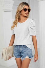 Eyelet Puff Sleeve Round Neck Blouse - Ladyez