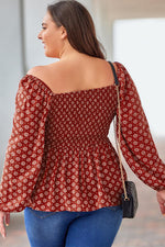 Plus Size Square Neck Balloon Sleeve Peplum Blouse - Ladyez