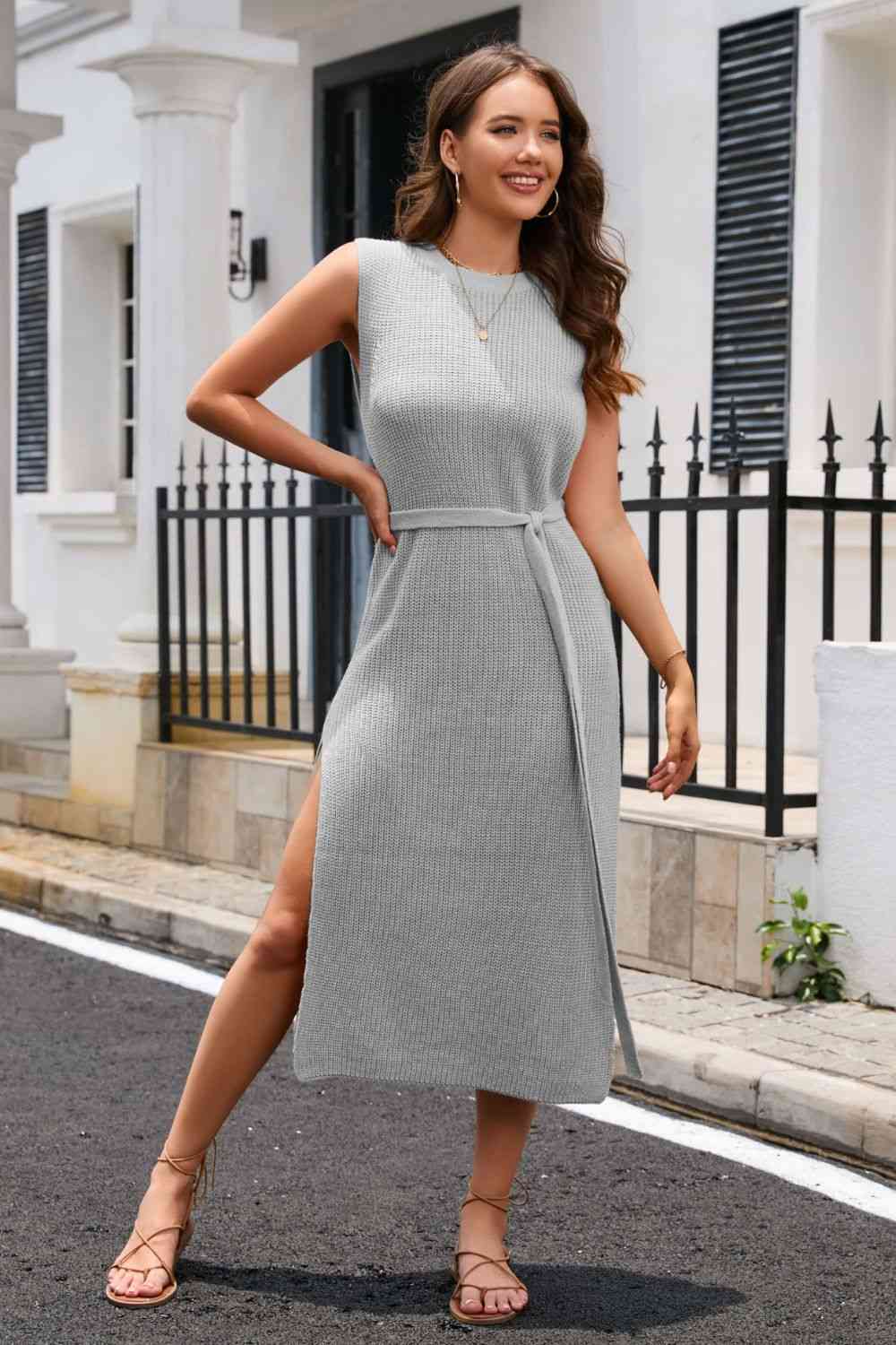 Round Neck Tie Belt Slit Sleeveless Sweater Dress - Ladyez