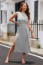 Round Neck Tie Belt Slit Sleeveless Sweater Dress - Ladyez