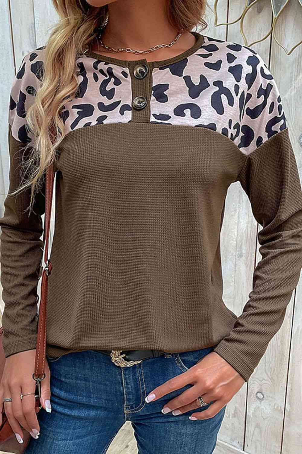 Leopard Buttoned Round Neck Drop Shoulder Top - Ladyez