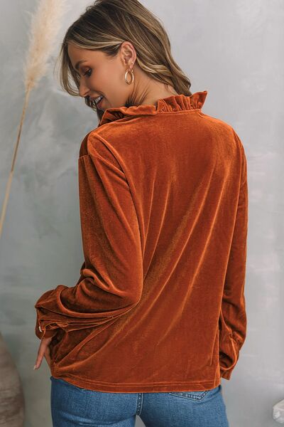 Notched Frill Detail Long Sleeve Blouse - Ladyez