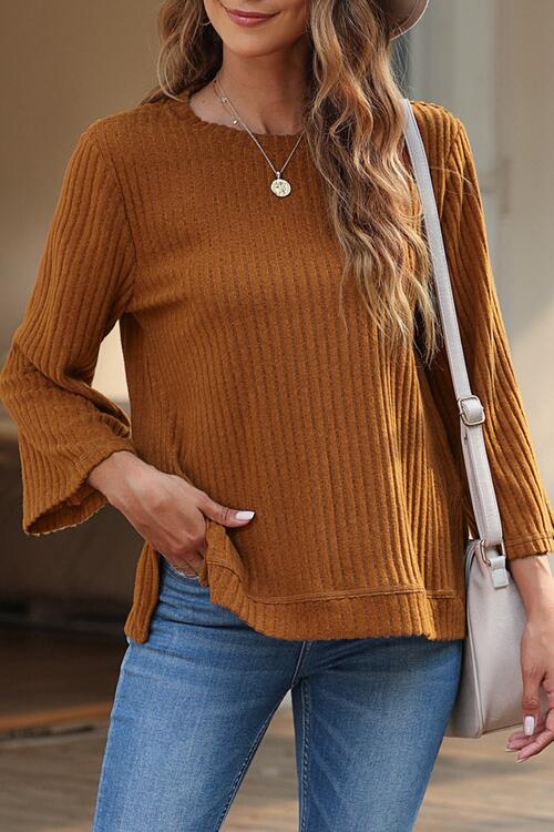 Ribbed Round Neck Slit Top - Ladyez