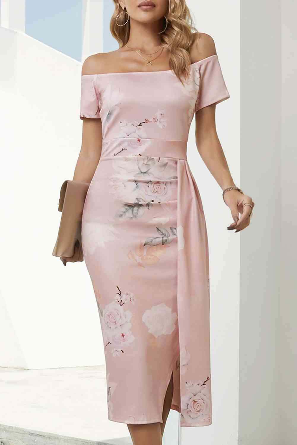 Printed Off-Shoulder Split Dress - Ladyez