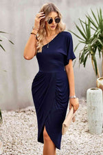 Ruched One-Shoulder Tulip Hem Dress - Ladyez