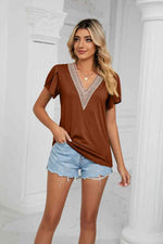 Contrast Trim Petal Sleeve V-Neck Top - Ladyez