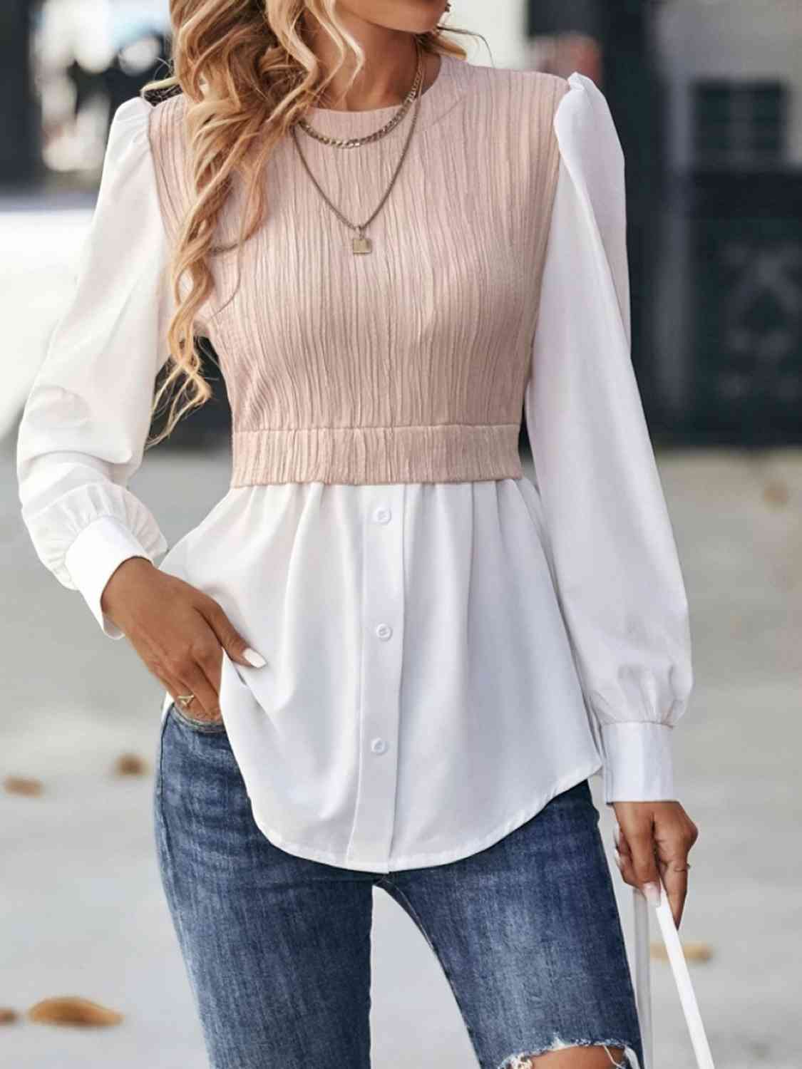 Contrast Round Neck Puff Sleeve Blouse - Ladyez