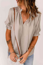 Smocked Frill Trim Flounce Sleeve Blouse - Ladyez