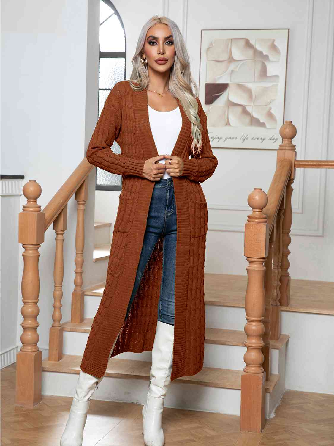 Cable-Knit Open Front Cardigan with Pockets - Ladyez