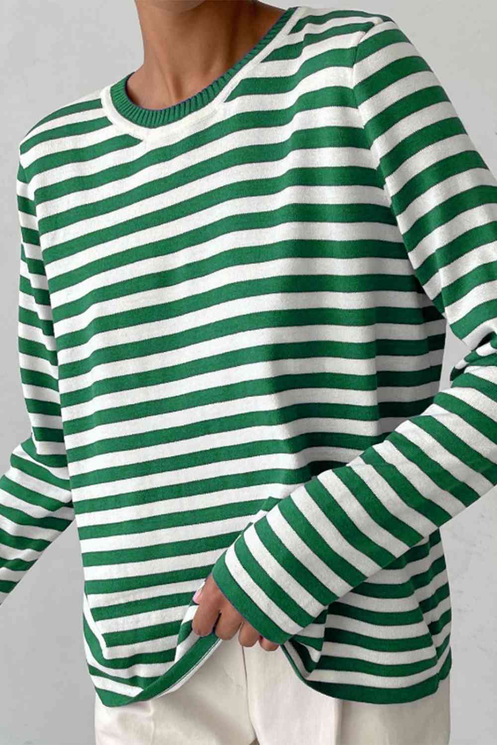 Striped Round Neck Long Sleeve Sweater - Ladyez