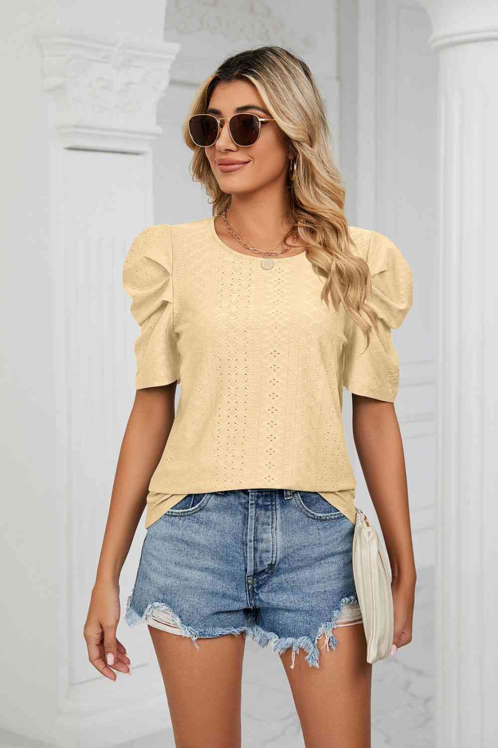 Eyelet Puff Sleeve Round Neck Blouse - Ladyez