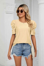 Eyelet Puff Sleeve Round Neck Blouse - Ladyez