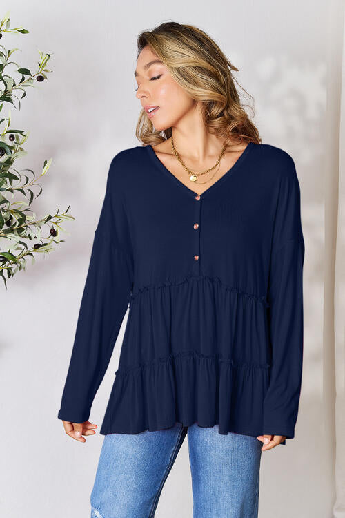 Double Take Half Button Long Sleeve Ruffle Hem Blouse - Ladyez