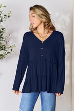 Double Take Half Button Long Sleeve Ruffle Hem Blouse - Ladyez