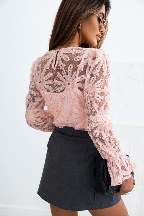 Flower Dotted Ruffled Sleeve Mesh Top - Ladyez