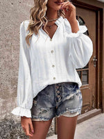 Notched Neck Flounce Sleeve Shirt - Ladyez
