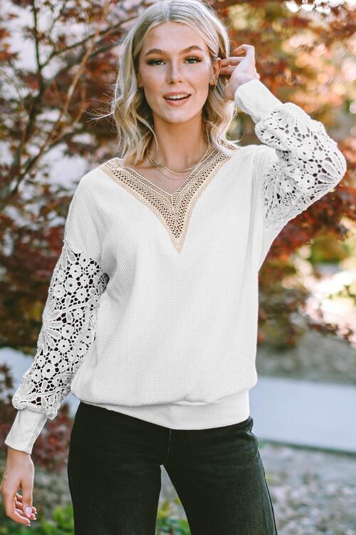 V-Neck Crochet Long Sleeve Blouse - Ladyez